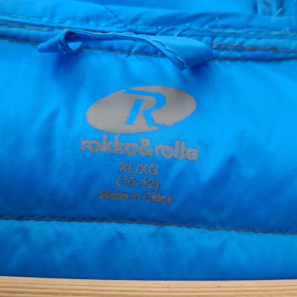 Rokka & Rolla 90% Down Puffer Jacket Kids Childs L 10-12  Lightweight Hood Navy